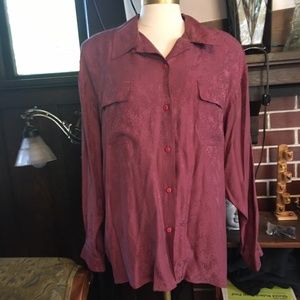 Vintage Anna and Frank Silk Button Down Shirt, Burgundy Floral Brocade, Size L